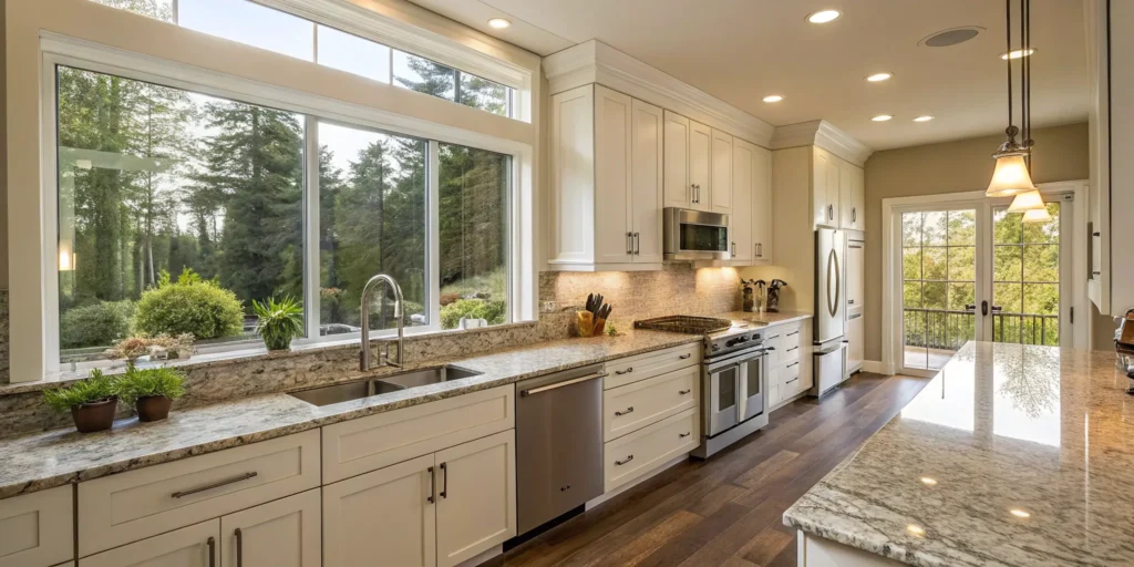 Modern Concord kitchen renovation with white cabinets and stainless steel appliances.