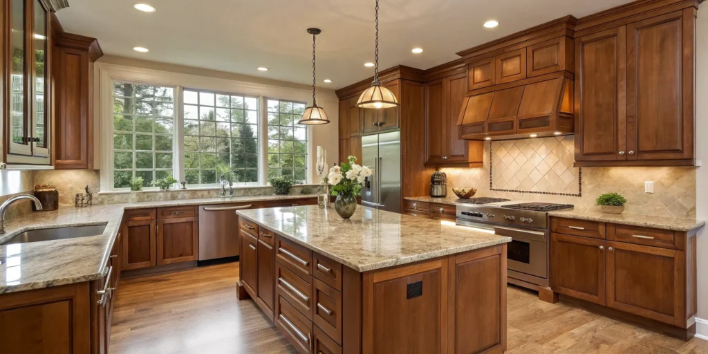Modern kitchen remodel with wood cabinets and granite countertops.