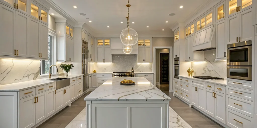 Modern Contra Costa kitchen remodel with marble counters and gold fixtures.
