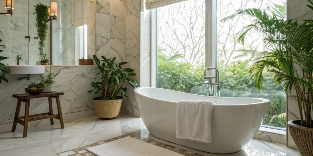 Modern Marin County bathroom with freestanding tub and marble tile.