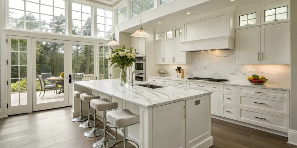 Modern Bay Area kitchen remodel with marble countertops.