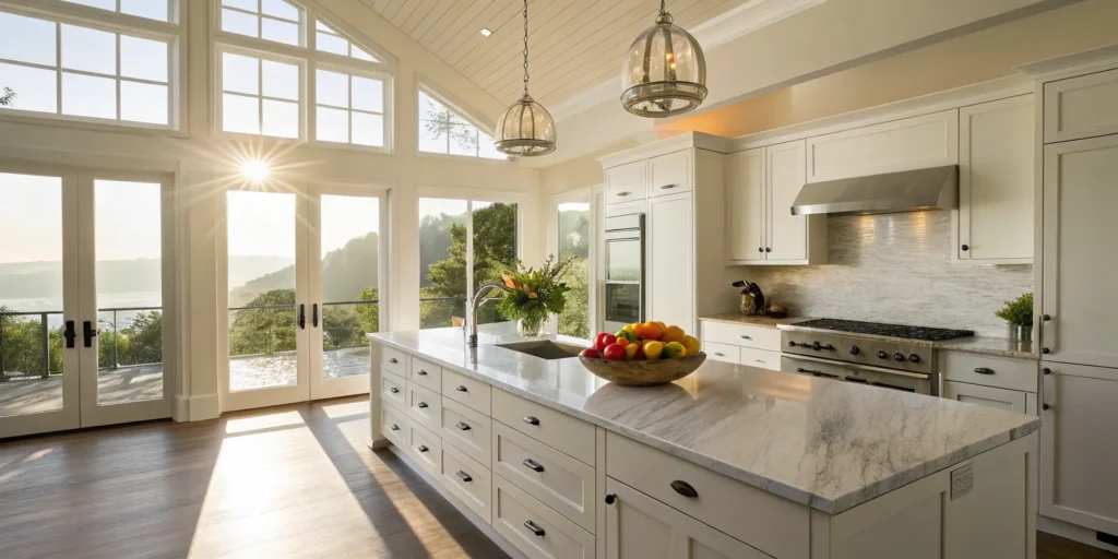 Modern Bay Area kitchen with marble island.