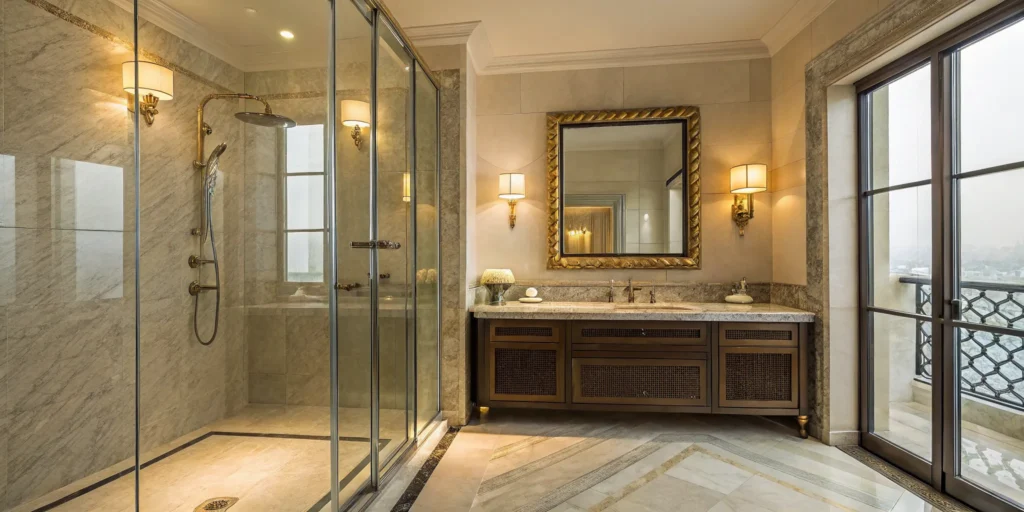 Bay Area bathroom remodel with marble shower and modern fixtures.