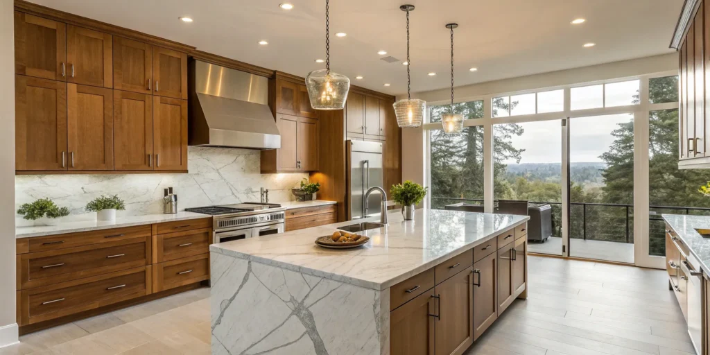 Modern Walnut Creek kitchen remodel with marble island and wood cabinets.