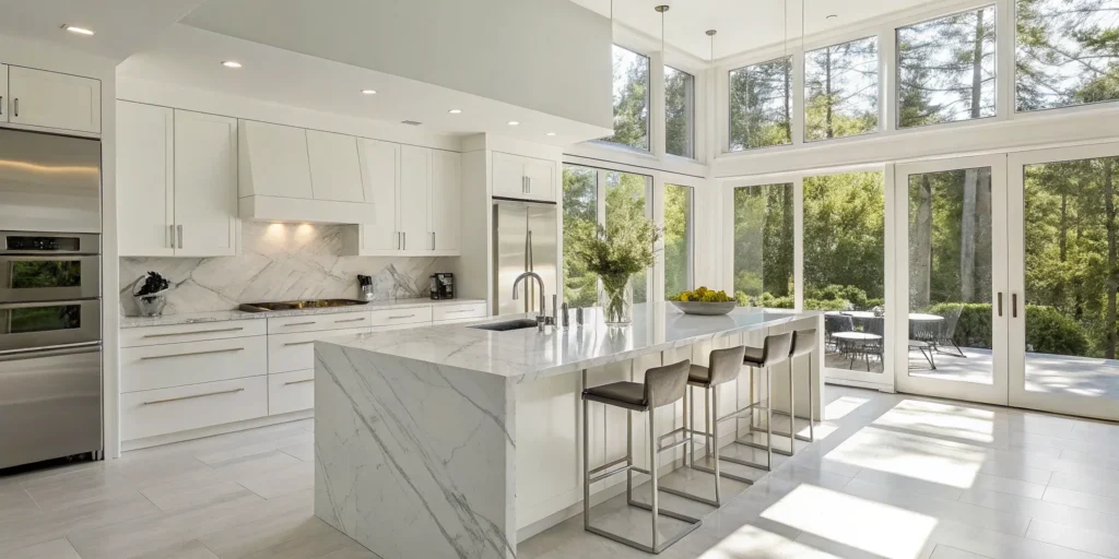 Modern Marin County kitchen remodel with marble island.