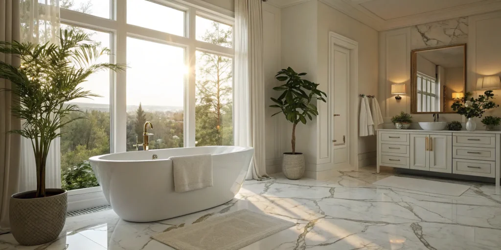 Modern San Francisco bathroom remodel with freestanding tub & large windows.