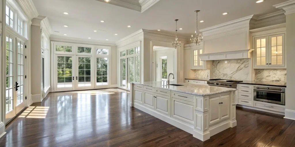 Bay Area kitchen remodel with marble counters and hardwood floors.