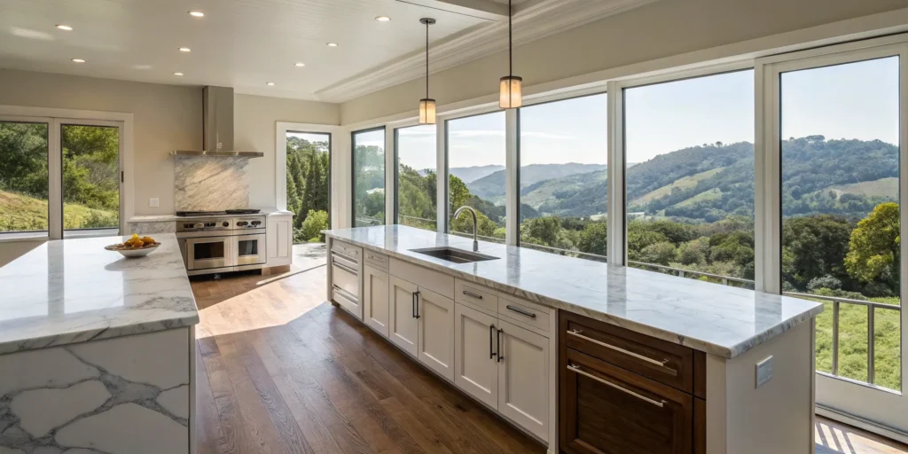 Marin County home kitchen remodel with marble countertops.