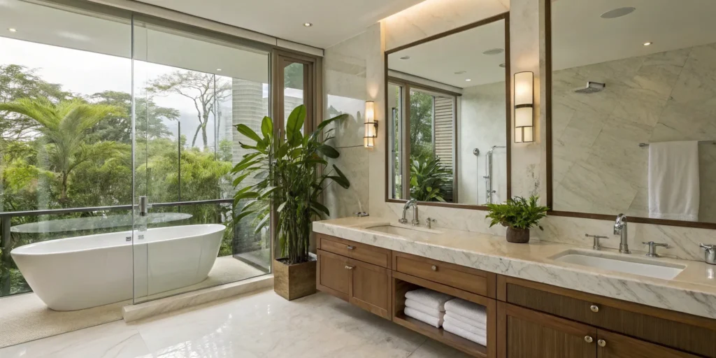 Bay Area bathroom remodel with marble countertop and freestanding tub.