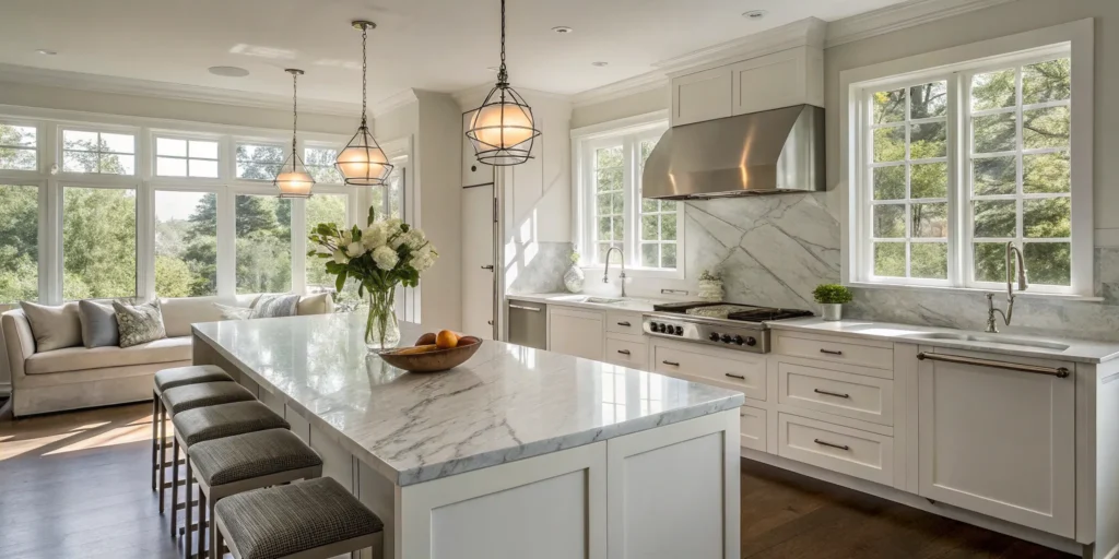 Modern Concord kitchen remodel with marble countertops and pendant lights.