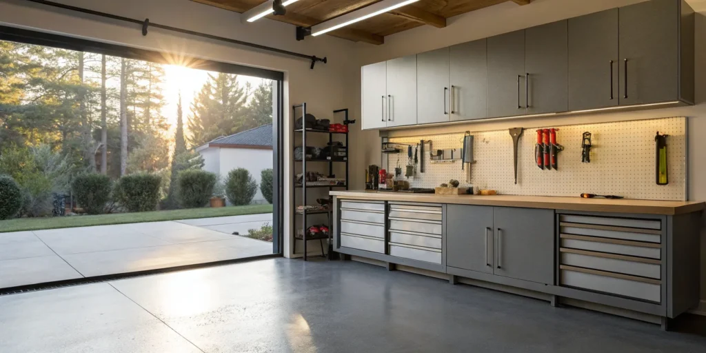 Garage remodel with organized storage and new cabinets.