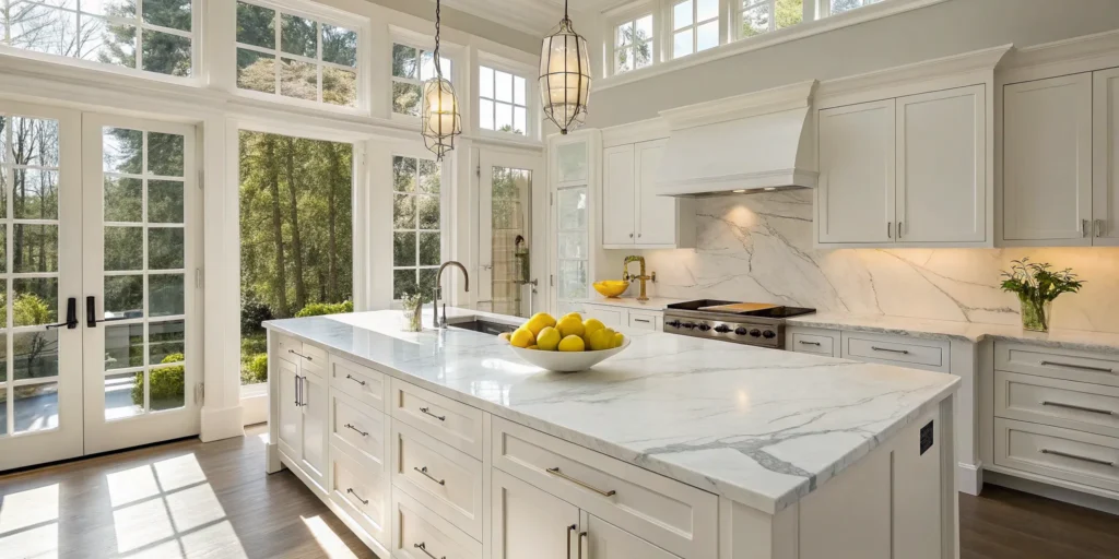 Bay Area kitchen remodel with white cabinets and marble island.