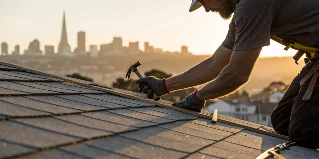 San Francisco roofing contractor installing shingles.