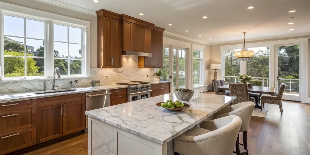Modern Oakland kitchen remodel with wood cabinets and marble countertops.