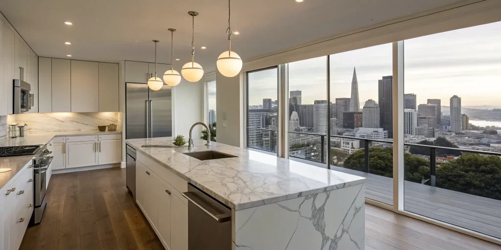 San Francisco home renovation: Modern kitchen with marble island.