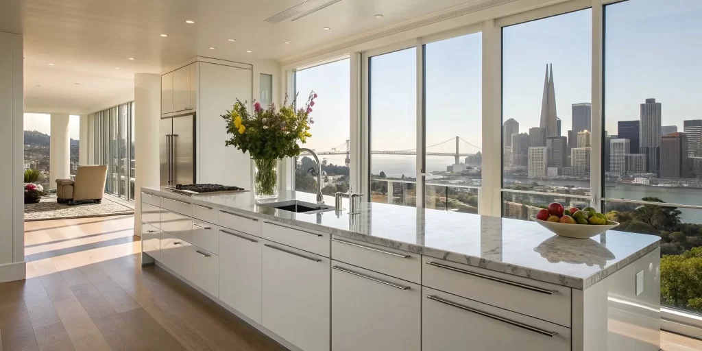 Modern San Francisco kitchen renovation with marble countertops.