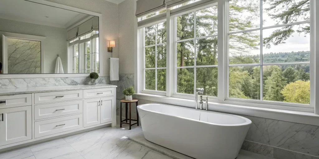 San Ramon bathroom remodel with freestanding tub and marble floors.