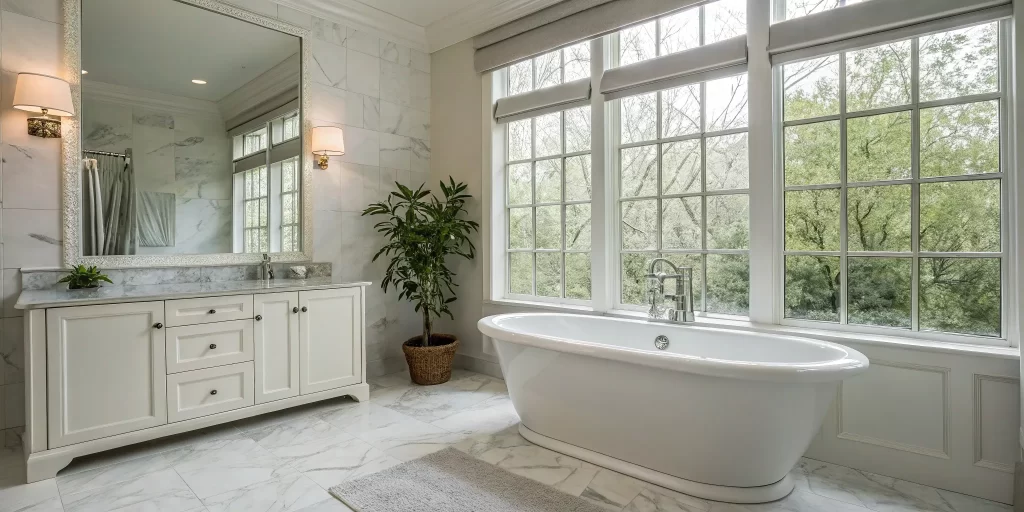 Renovated Concord bathroom with freestanding tub, marble floor, and white vanity.