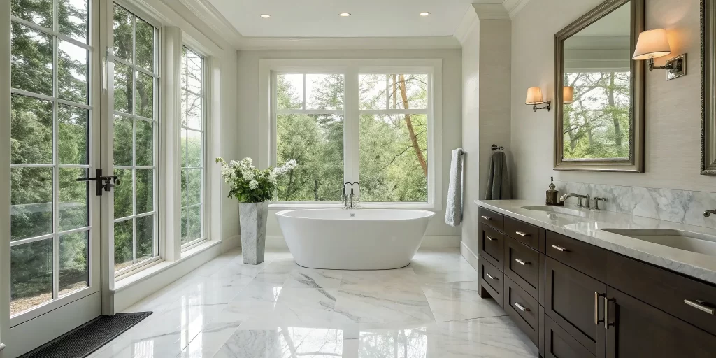 Modern Bay Area bathroom with tub, windows, and vanity.