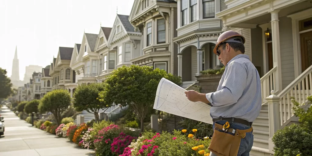 San Francisco contractor reviewing blueprints for a home remodel.