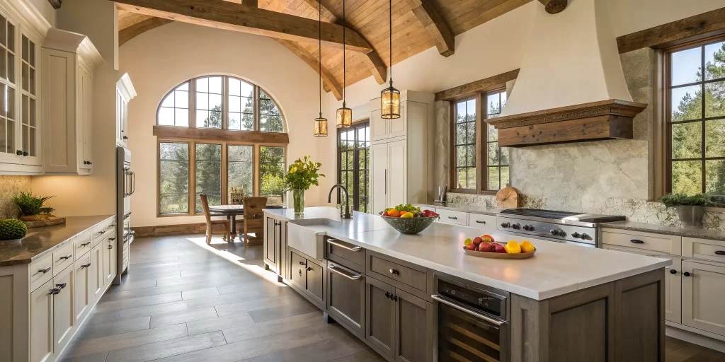 Modern kitchen design with wood ceiling and island.