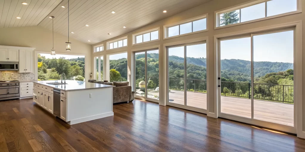 Modern Orinda kitchen remodel with hardwood floors and scenic hill views.