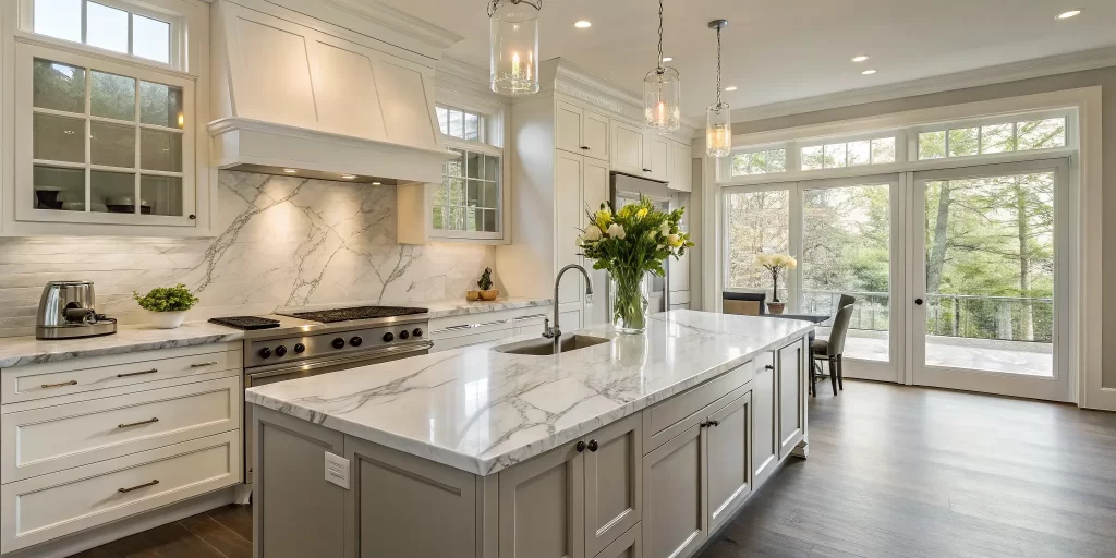 Modern San Mateo kitchen remodel with white cabinets and marble countertops.
