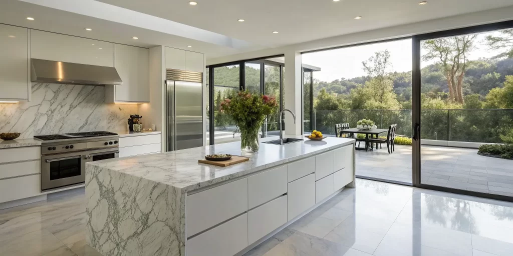 Modern Oakland kitchen remodel with marble island and open layout.