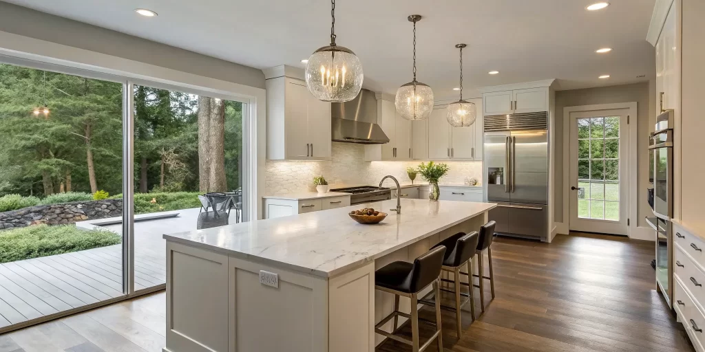 Modern Orinda kitchen with white cabinets and marble island.