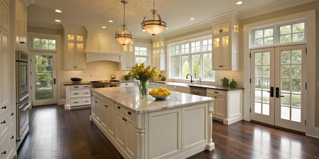 Modern Concord kitchen remodel with white cabinets and marble island.