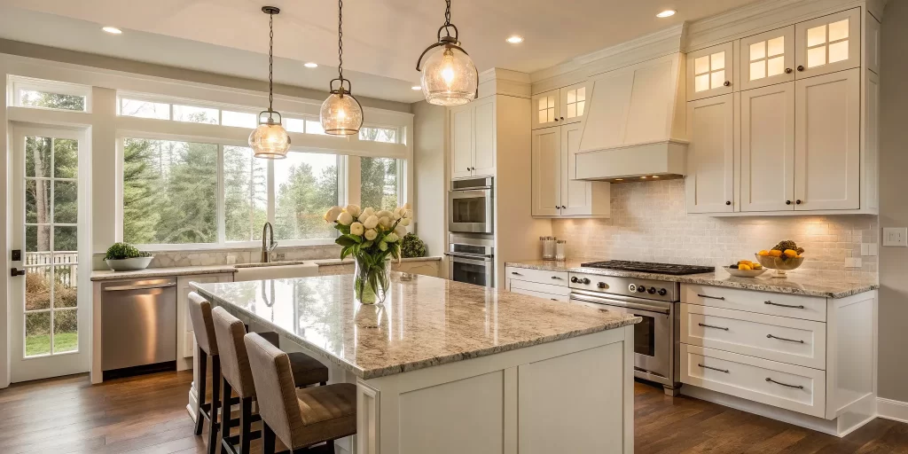 Walnut Creek kitchen remodel with white cabinets and marble island.