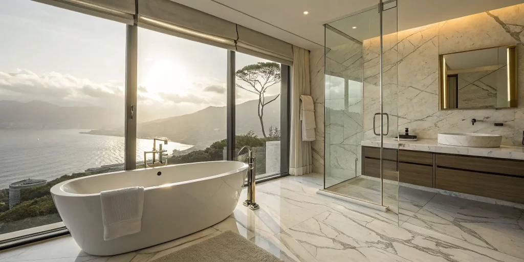 Modern San Francisco bathroom remodel with freestanding tub.