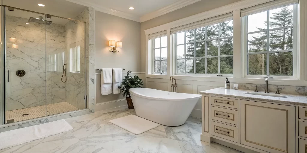 Concord bath remodel with marble shower and freestanding tub.