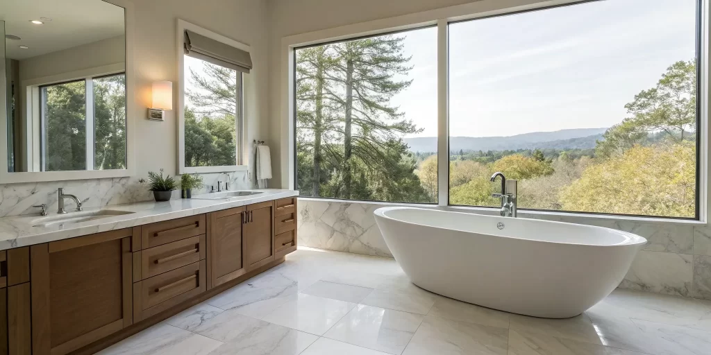 Walnut Creek bathroom remodel with freestanding tub and marble accents.