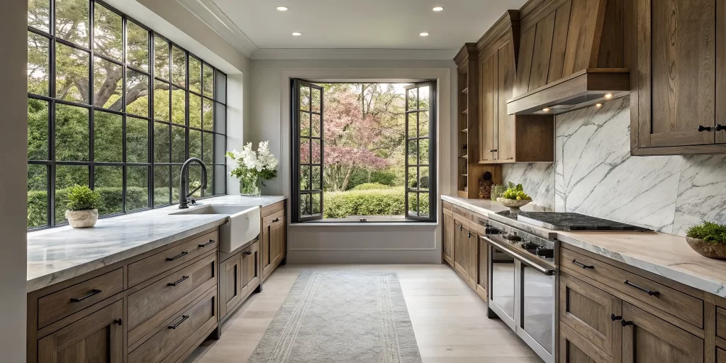 Modern Oakland kitchen remodel with wood cabinets & marble countertops.