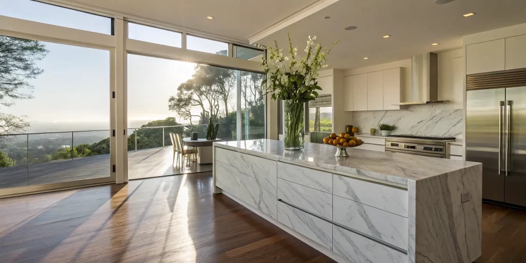 Modern California kitchen remodel with marble island and stainless steel appliances.