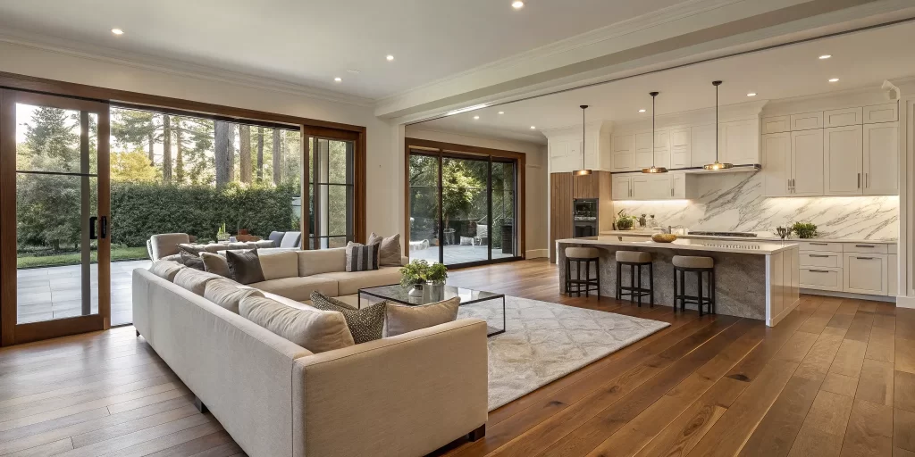 California home remodeling: Modern kitchen and living room.