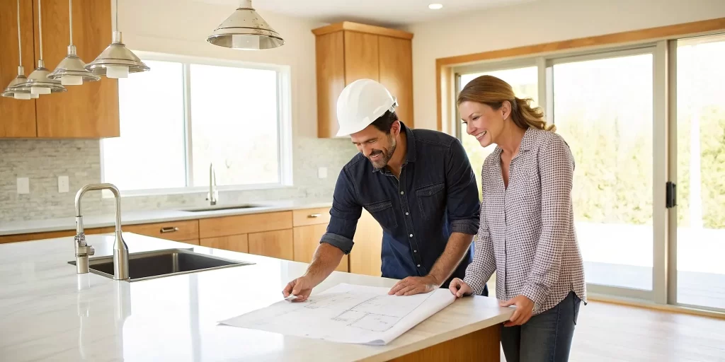 A trusted contractor and homeowner reviewing kitchen remodeling plans.