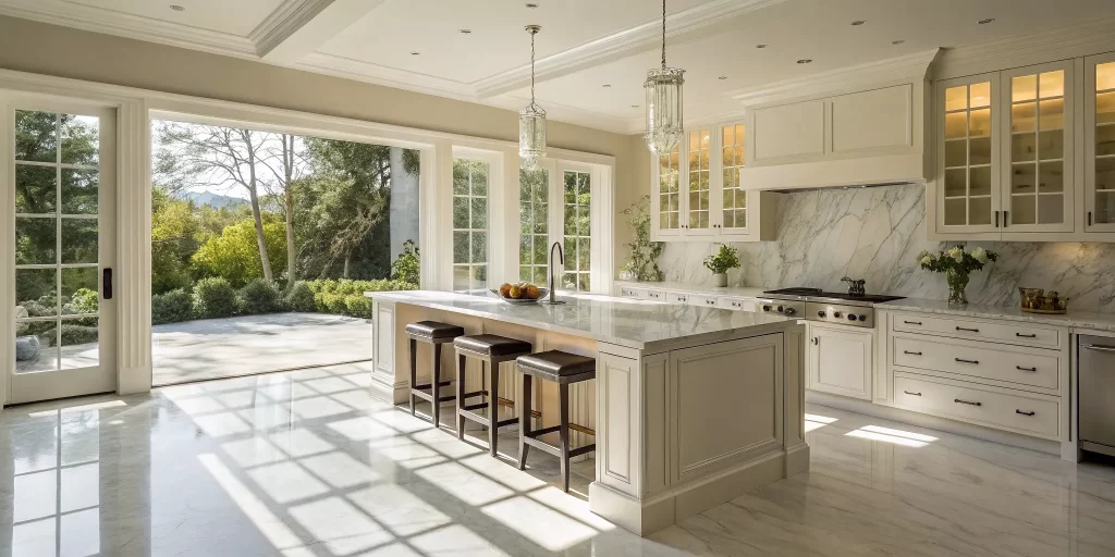 A bright kitchen with a marble island after a successful remodel in Oakland, CA.