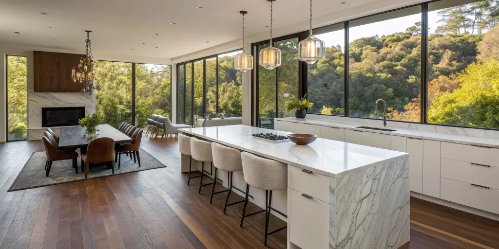 A modern kitchen after a home remodeling project in San Ramon, with marble countertops and large windows.