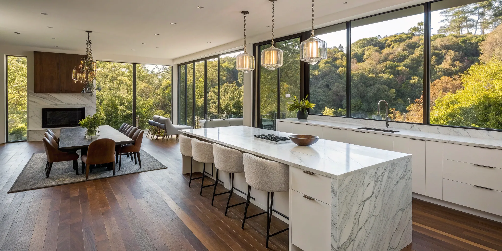 A modern kitchen after a home remodeling project in San Ramon, with marble countertops and large windows.