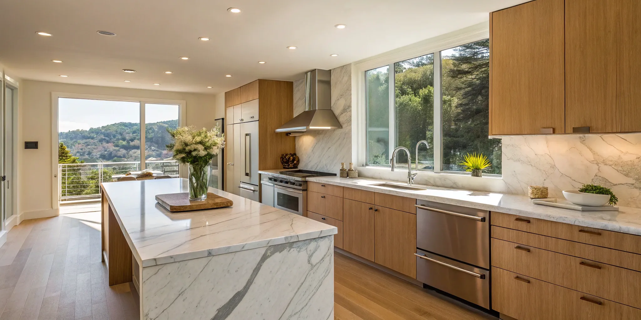 Modern kitchen remodeling in San Rafael with natural wood cabinets and marble countertops.