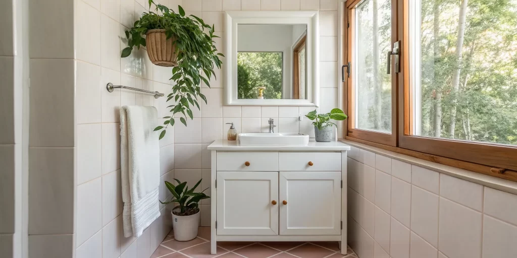 A small bathroom remodel with a white vanity, large mirror, and natural light to create a spacious feel.