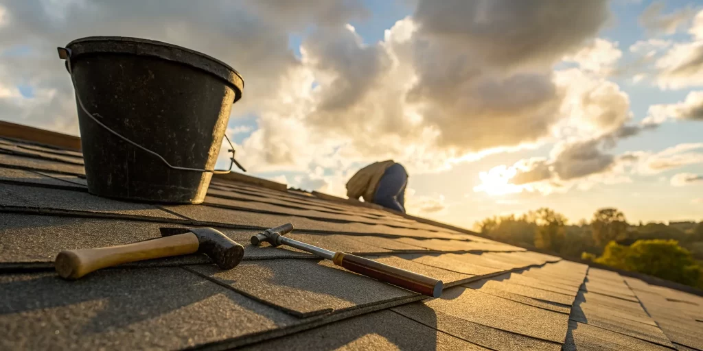 Person performing a DIY roof leak repair on asphalt shingles with tools and a bucket.