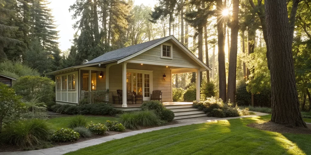 A modern granny flat with a front porch and landscaped yard in a backyard.