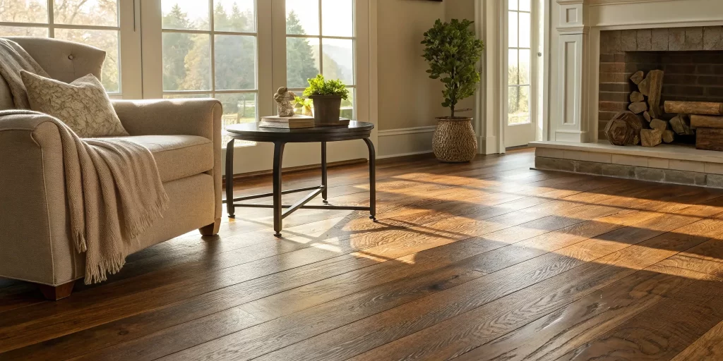 Completed hardwood floor installation in a sunlit living room with cozy furniture.