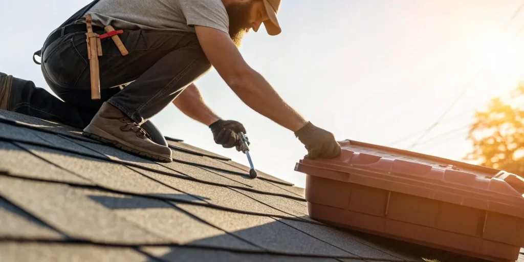 Roofer performing a new shingle roof installation with safety gear.