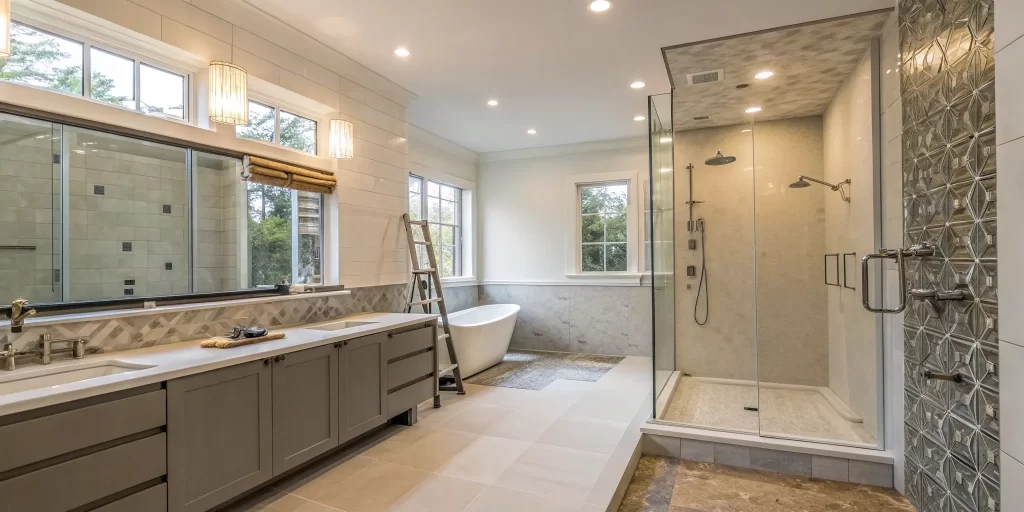 A modern bathroom with a freestanding tub and double vanity after a complete remodeling.