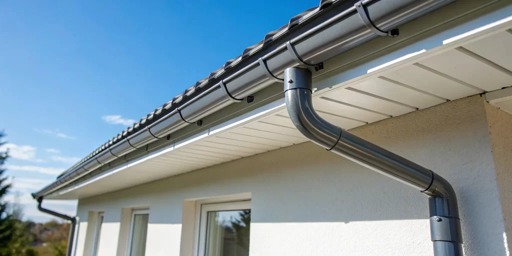 New metal gutters installed on a home during a gutter replacement.