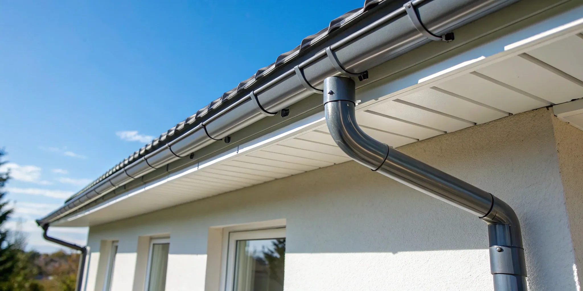 New metal gutters installed on a home during a gutter replacement.